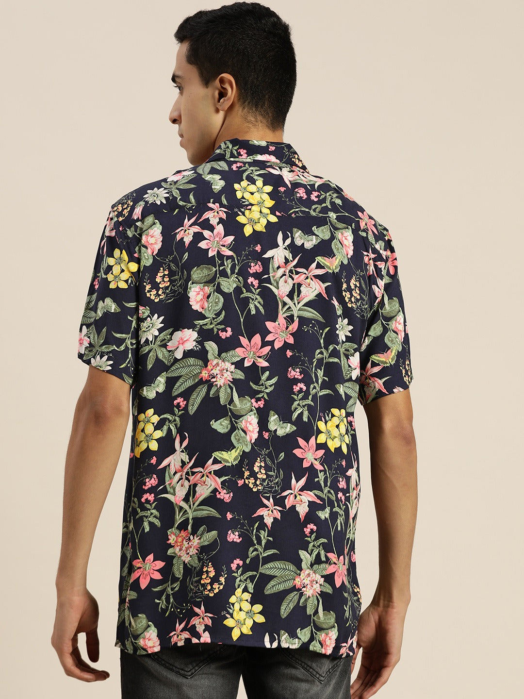 Men Navy & Green Prints Viscose Rayon Relaxed Fit Casual Resort Shirt