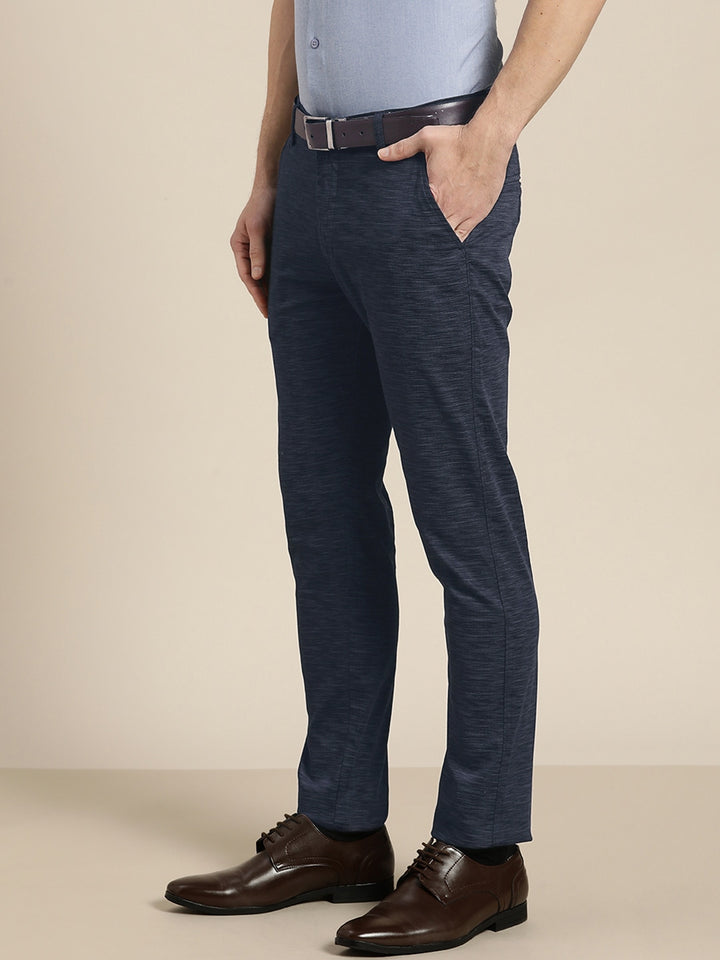 Men Navy Solids Cotton Elastene Slim Fit Formal Trouser