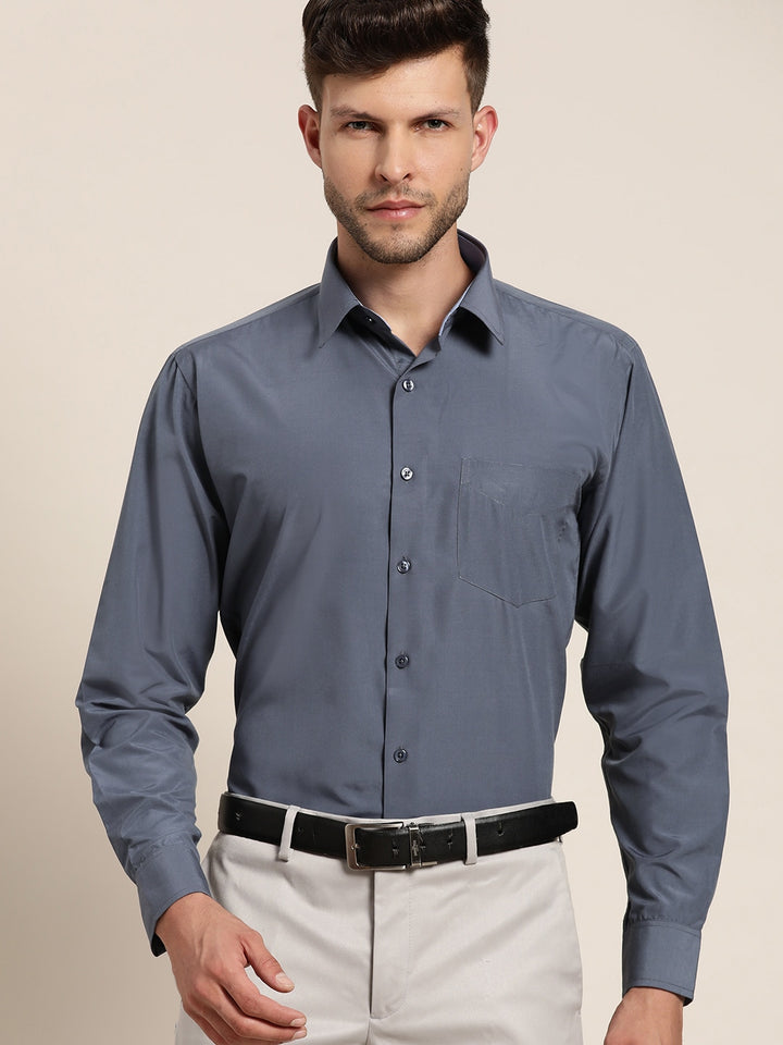 Men Aegean Blue Solids Slim Fit Formal Shirt
