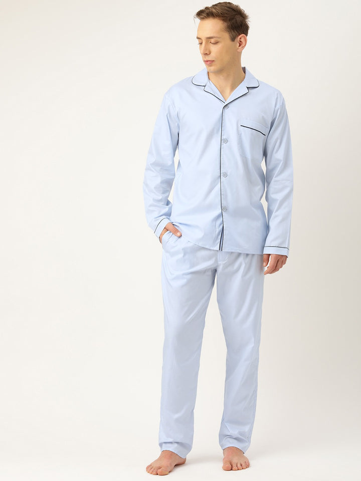 Men Sky Solids Pure Cotton Regular Fit Night Wear Night Suit