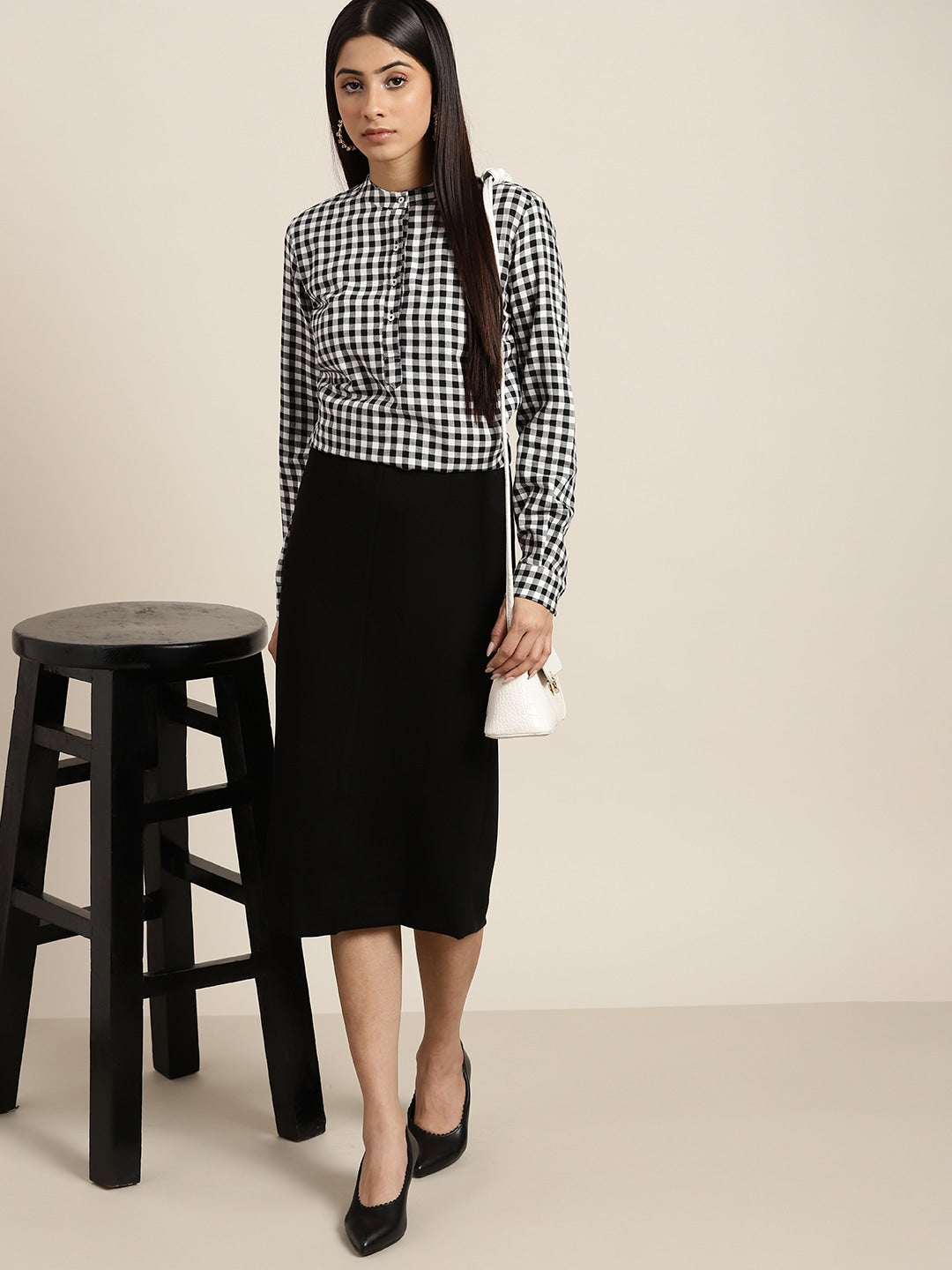 Women Black & White Checked Pure Cotton Slim Fit Formal Top