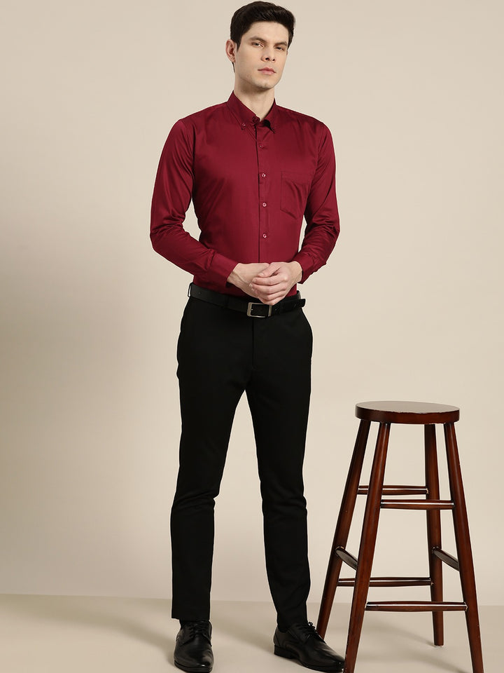 Men Maroon Solid Satin Pure Cotton Slim Fit Formal Shirt