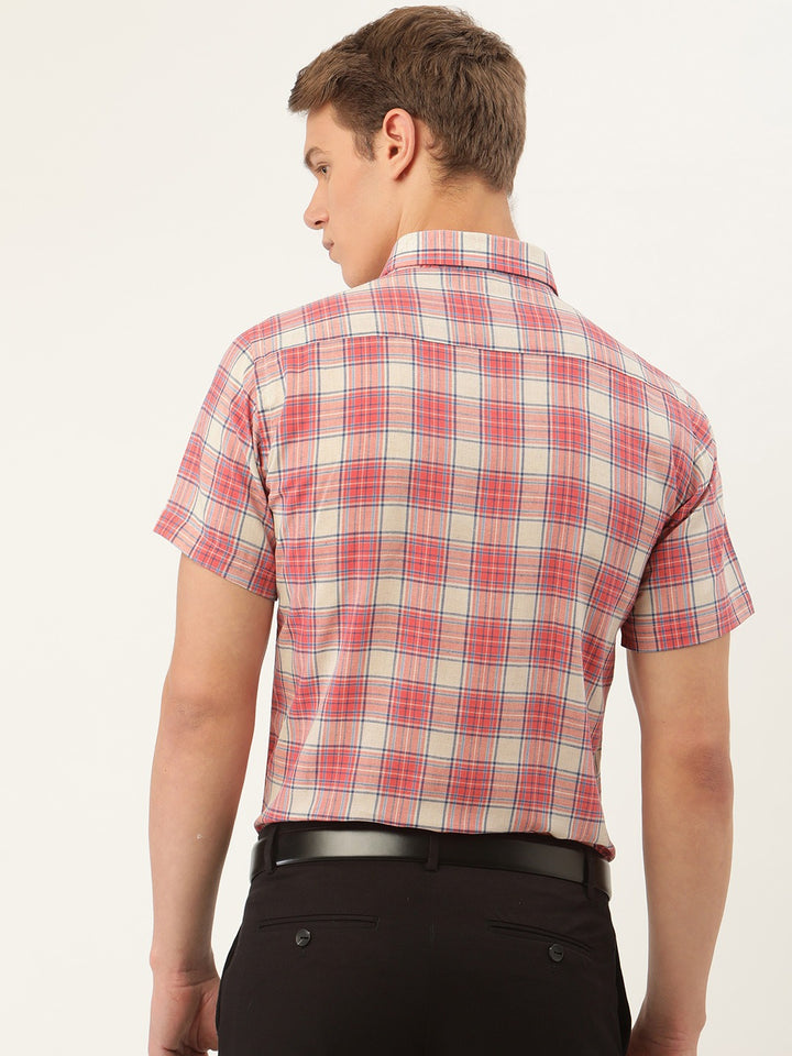 Men Beige & Red Stripes Pure Cotton Slim Fit Formal Shirt