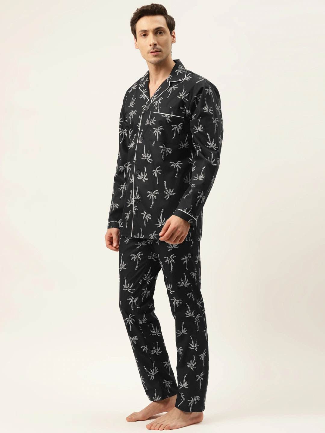 Men Black Prints Pure Cotton Regular Fit Night Wear Night Suit