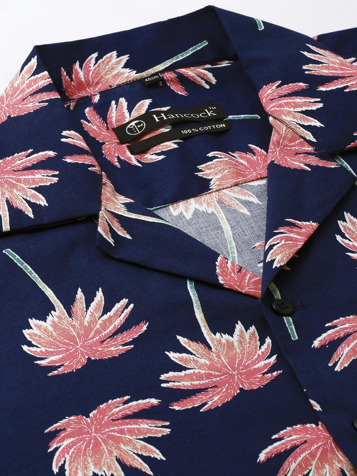 Men Navy & Coral Printed Pure Cotton Relaxed Fit Casual Resort Shirt