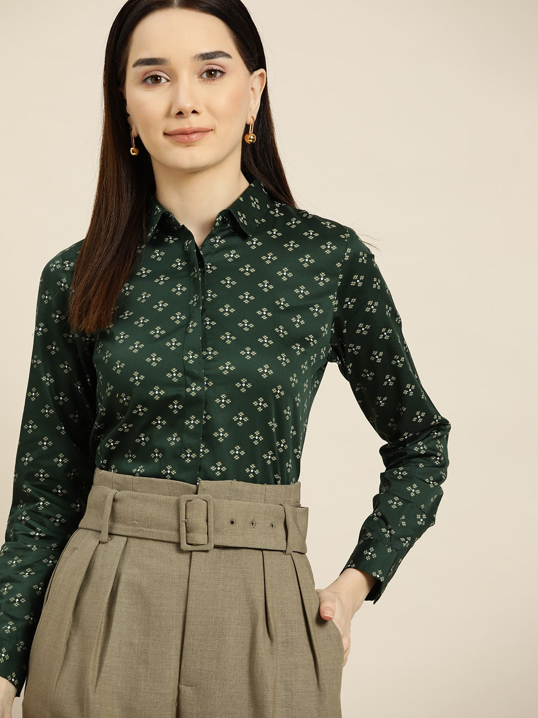 Women Green Prints Pure Cotton Slim Fit Formal Shirt