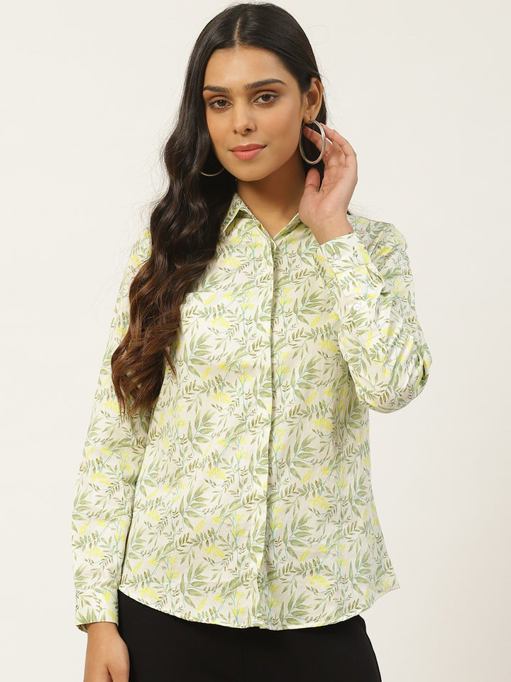 Women Cream & Green Prints Pure Cotton Slim Fit Formal Shirt