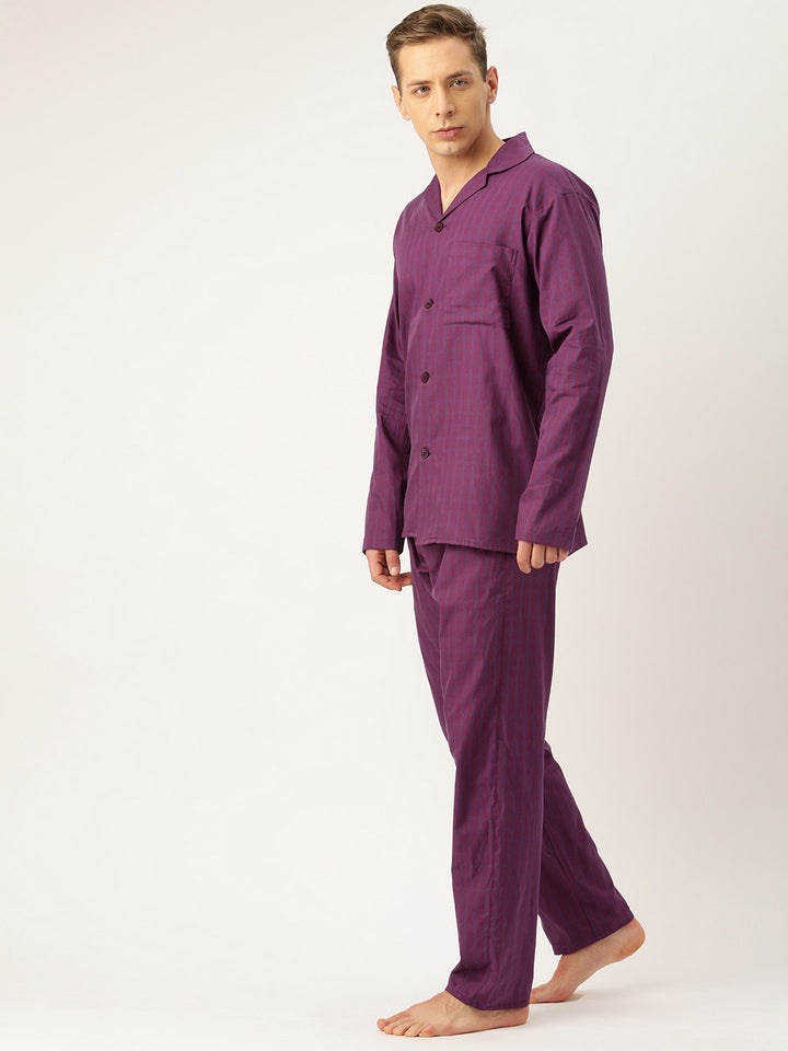 Men Wine Checks Pure Cotton Regular Fit Night Wear Night Suit