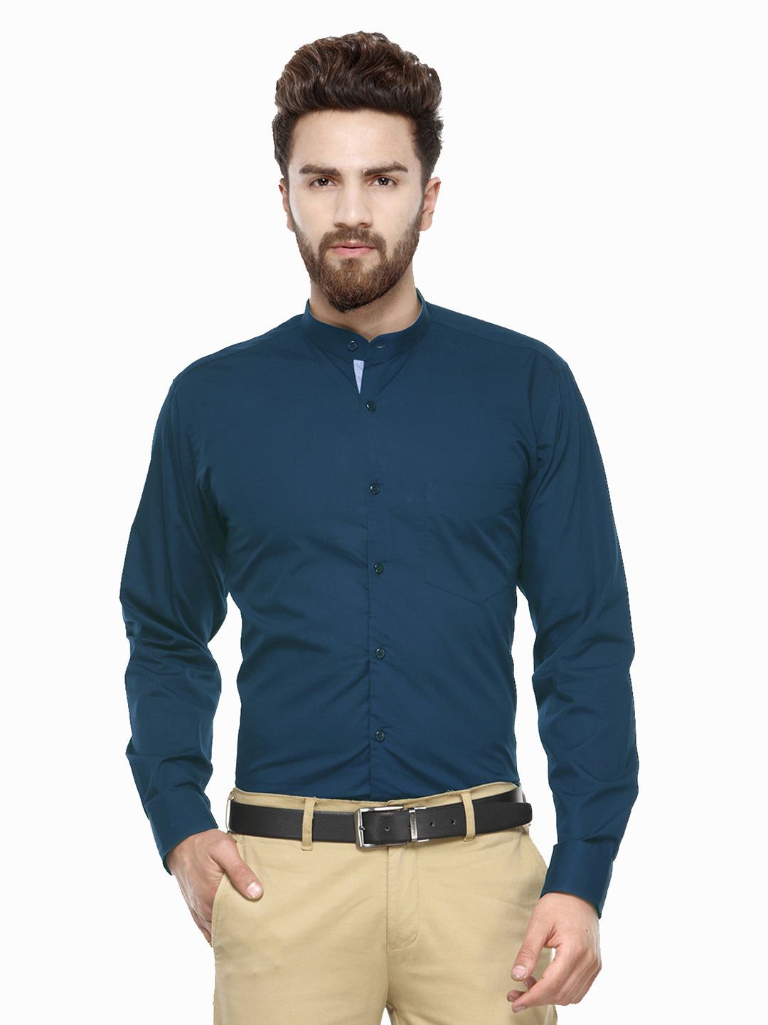 Men Turquoise Blue Mandarin Collar Slim Fit Pure Cotton Formal Shirt