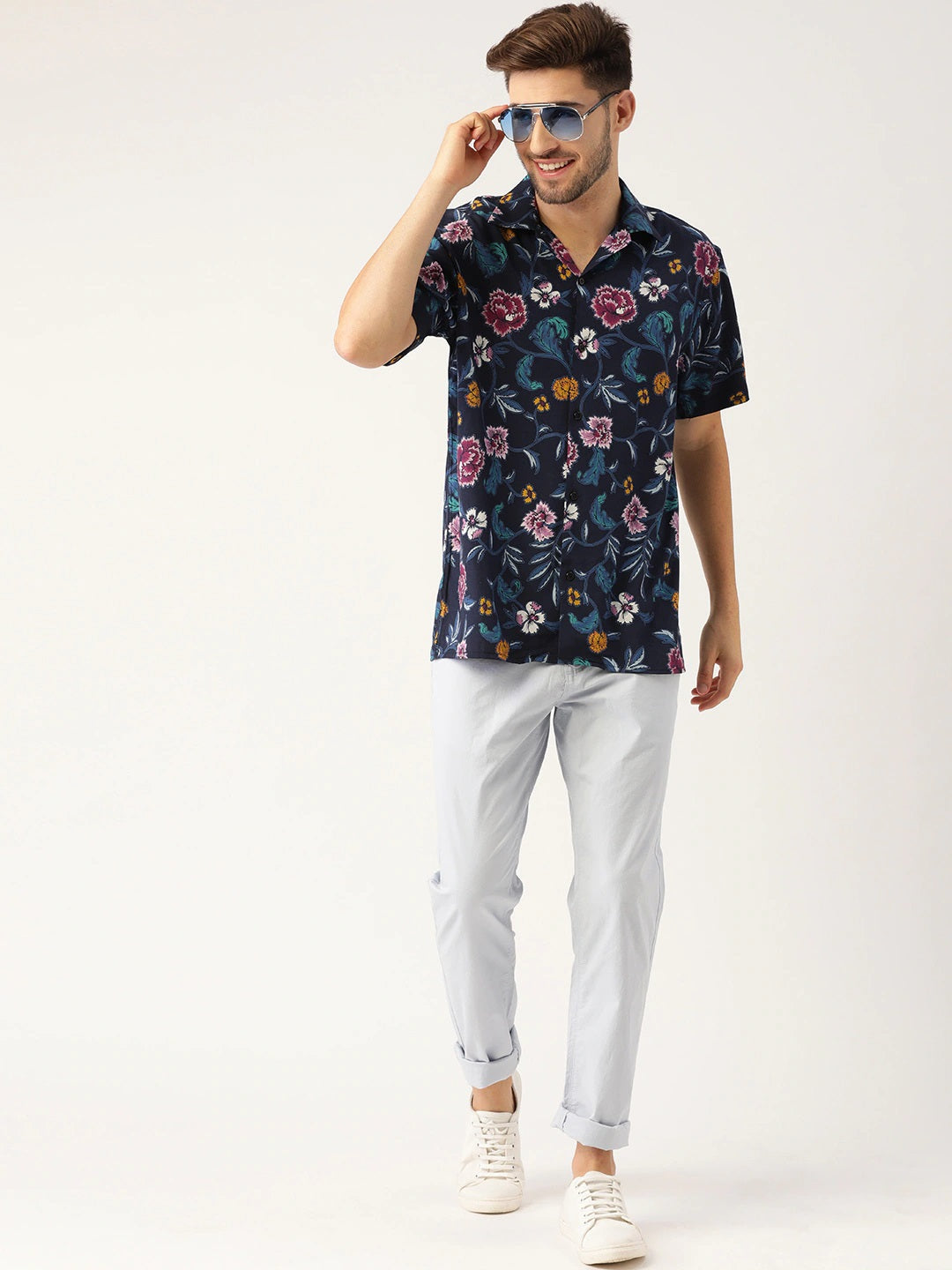 Men Navy & Maroon Printed Viscose Rayon Relaxed Fit Casual Resort Shirt