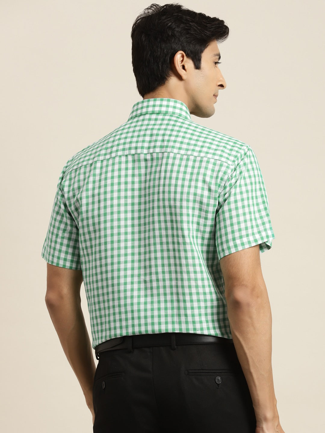 Men Green & White Checked Pure Cotton Short Sleeve Slim Fit Formal Shirt