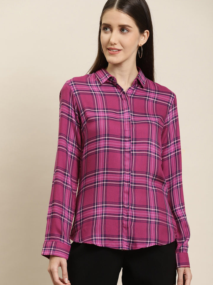 Women Magenta Checks Viscose Rayon Slim Fit Formal Shirt