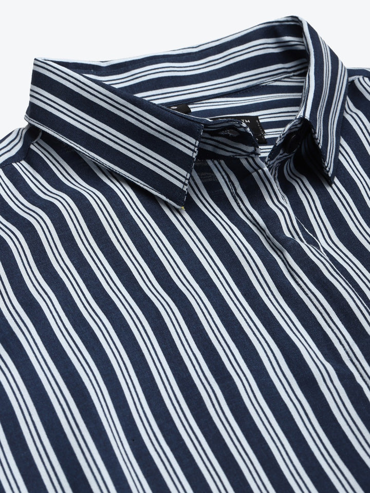 Women Navy & Sky Stripes Pure Cotton Slim Fit Formal Shirt