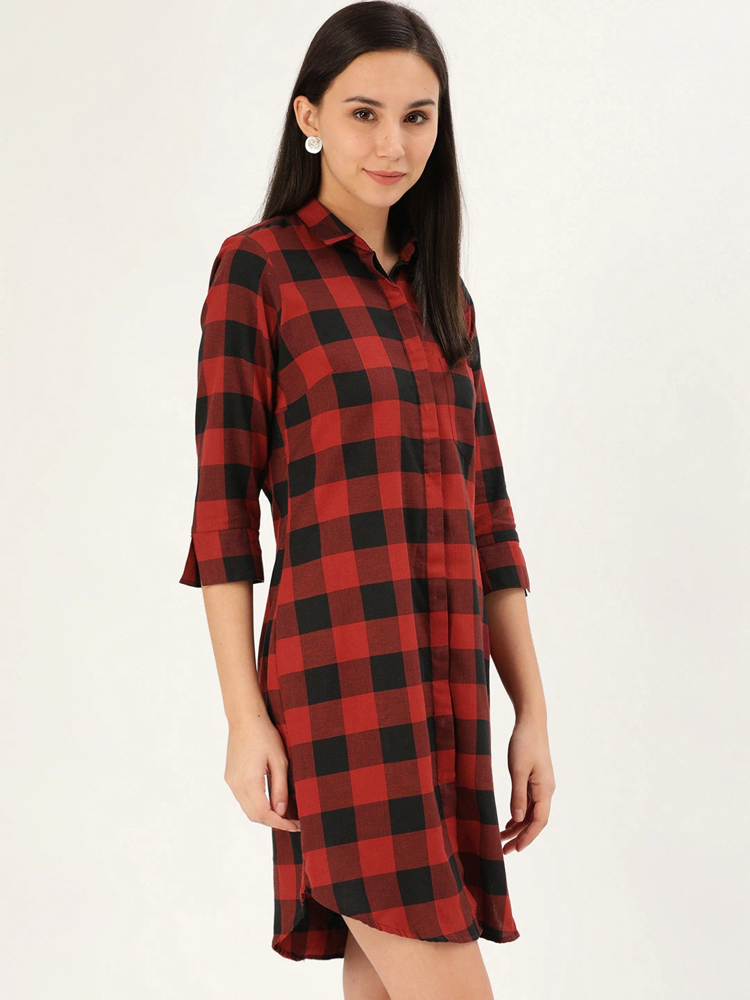 Women Red & Black Checks Pure Cotton Regular Fit Formal Dress