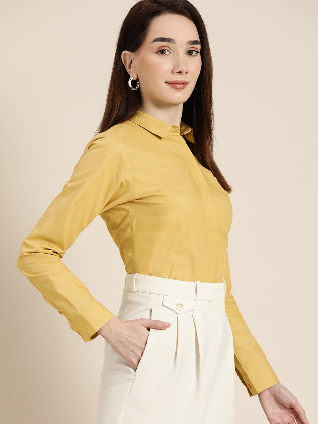 Women Mustard Solids Pure Cotton Slim Fit Formal Shirt