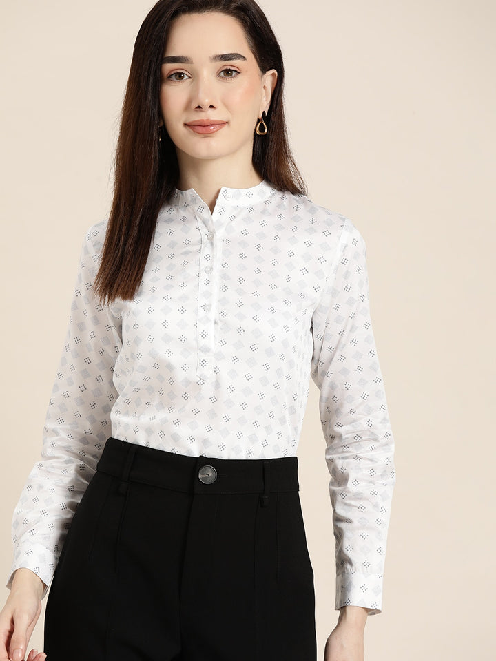 Women White & Blue Printed Pure Cotton Slim Fit Formal Top