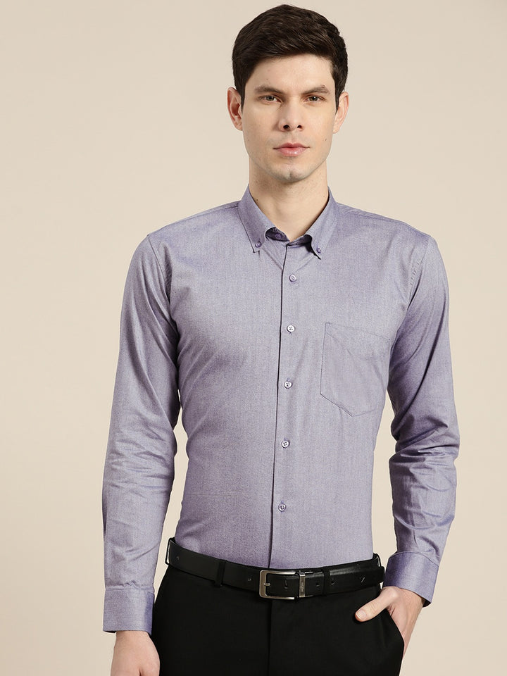 Men Navy Solid Chambray Button Down Collar Slim Fit Formal Shirt