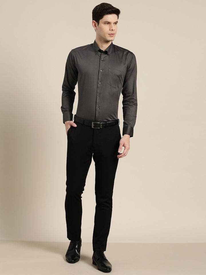 Men Dark Grey Solid Satin Pure Cotton Slim Fit Formal Shirt