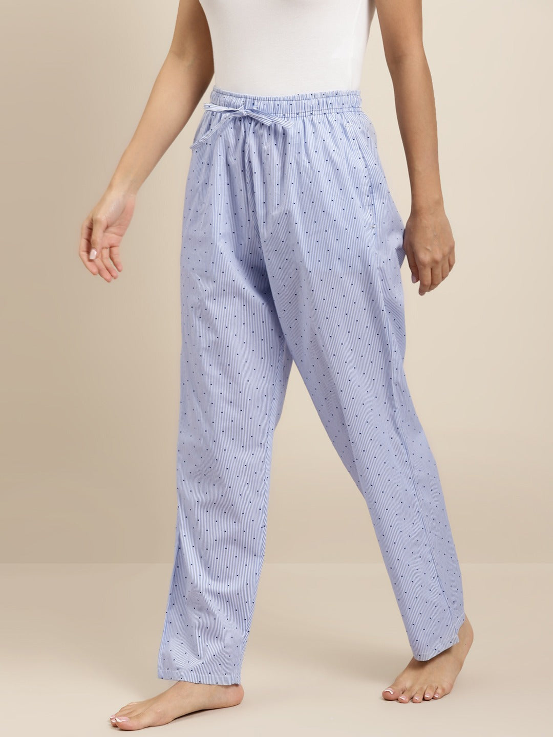 Women White-Blue Stripes Pure Cotton Relaxed Fit Casual Lounge Pant