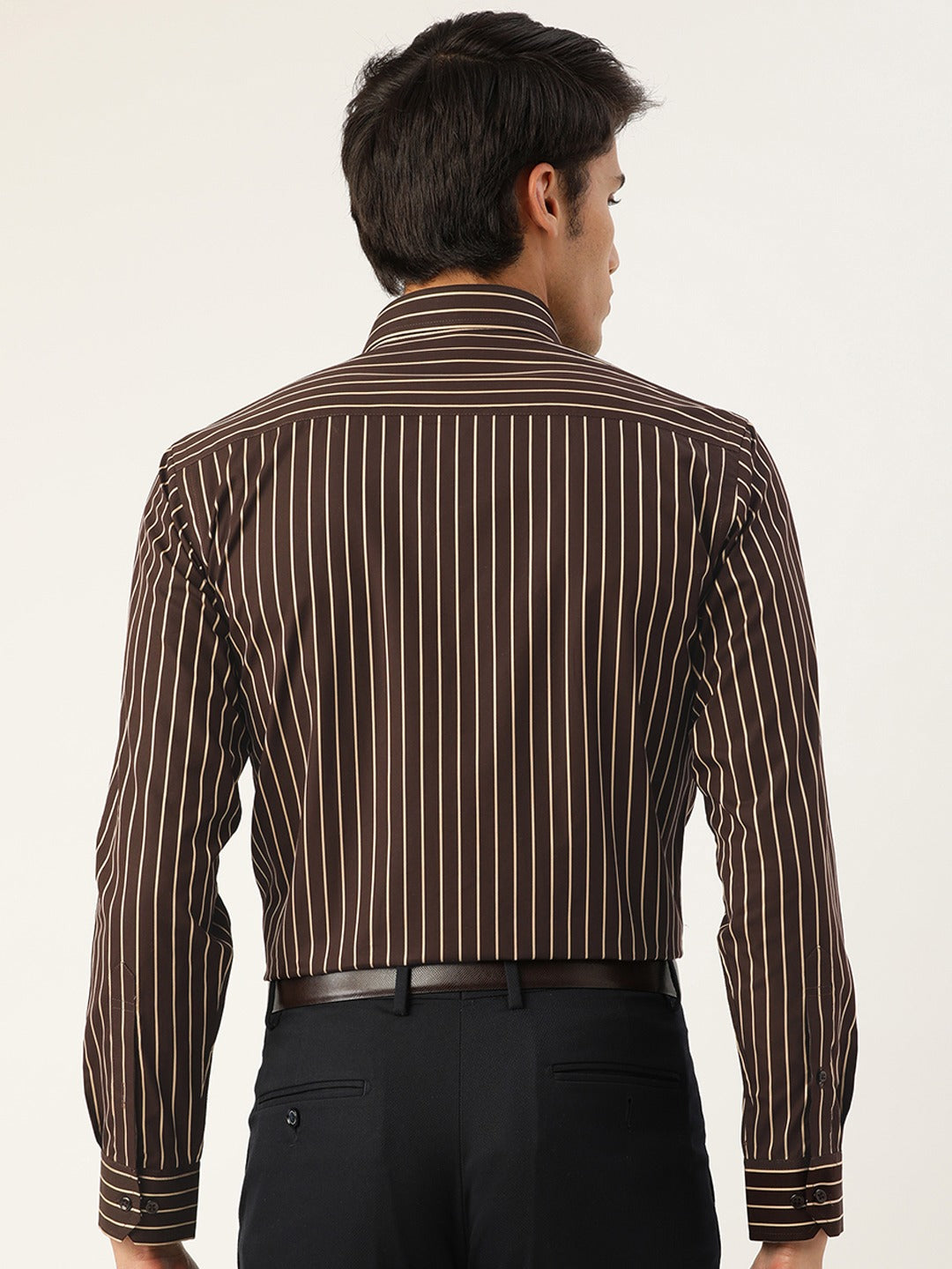 Men Brown Stripes Pure Cotton Slim Fit Formal Shirt