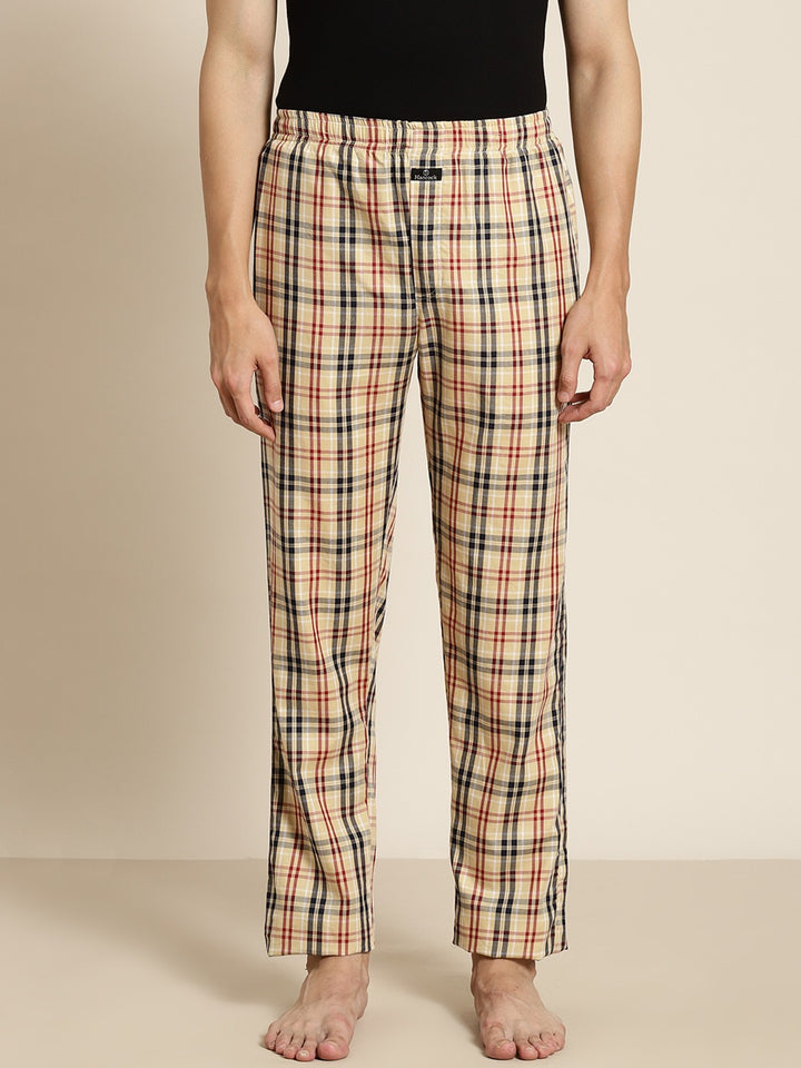 Men Beige Checks Pure Cotton Relaxed Fit Casual Lounge Pant