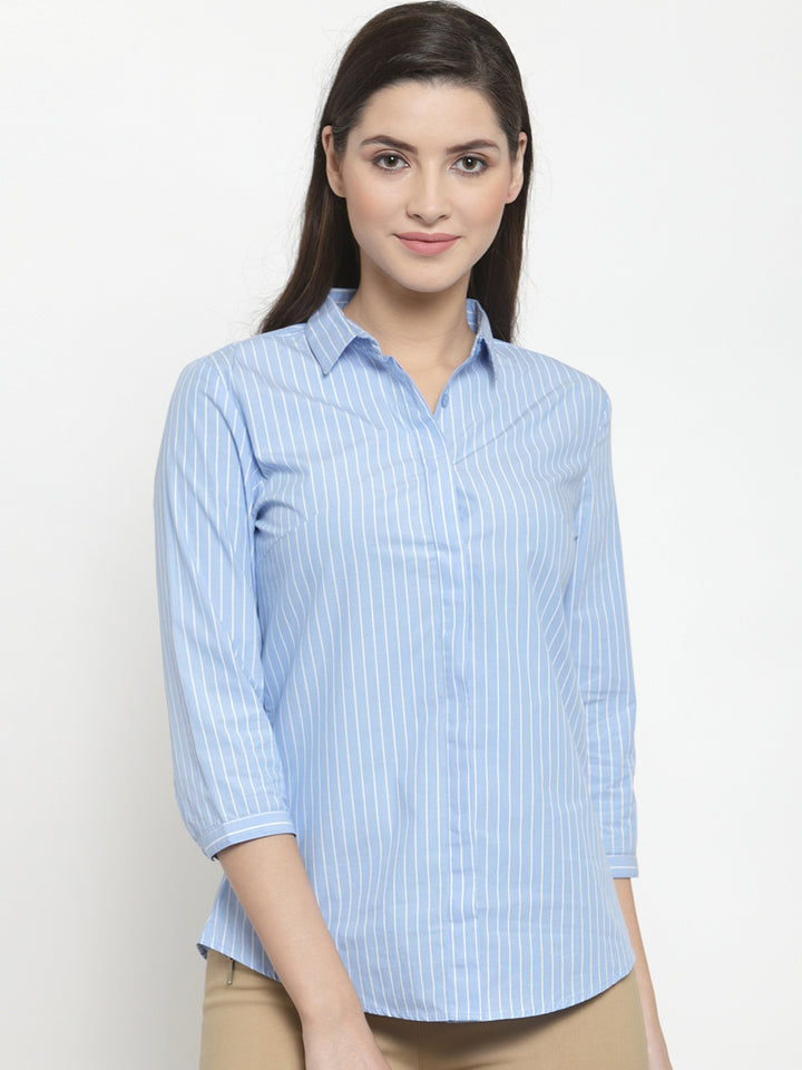 Women Blue Pure Cotton Striped Slim Fit Formal Shirt