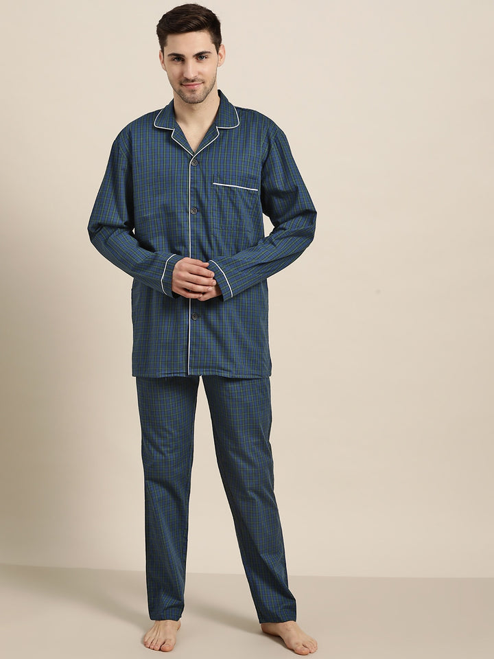 Men Navy-Green Checks Pure Cotton Regular Fit Night Wear Night Suit