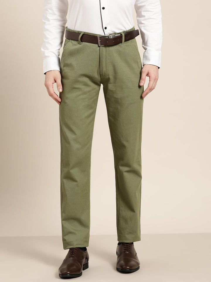 Men Olive Solids Pure Cotton Slim Fit Formal Trouser