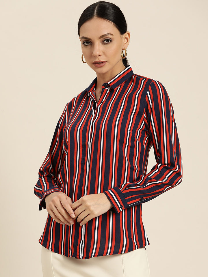 Women Navy Stripes Viscose Rayon Slim Fit Formal Shirt
