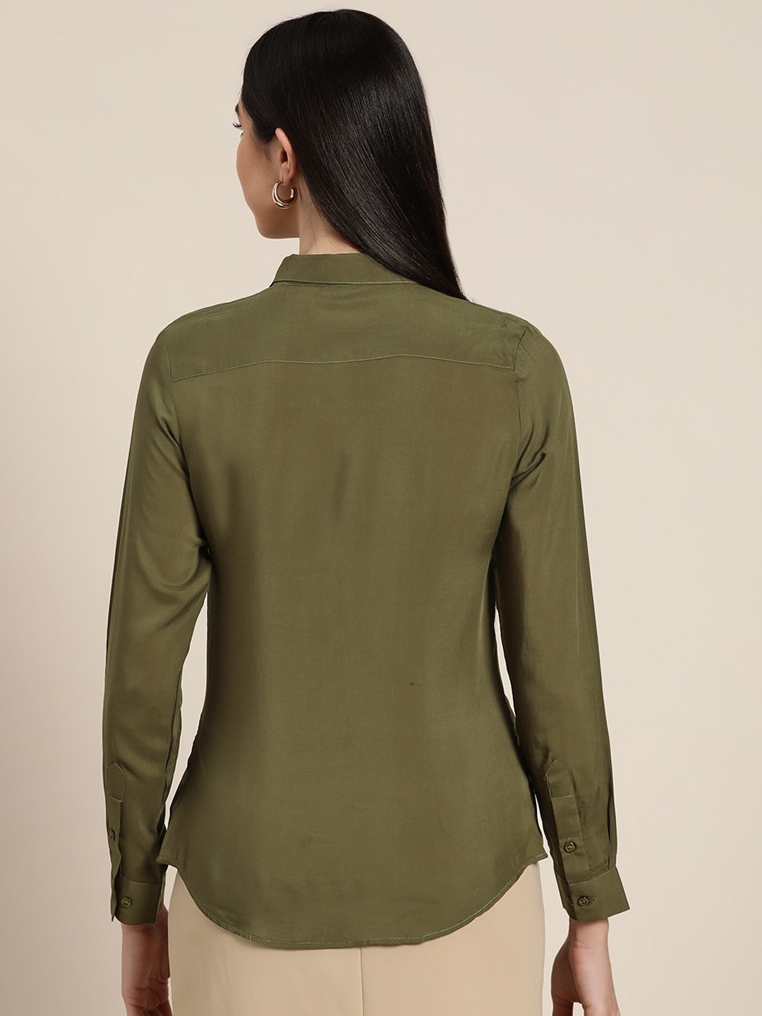 Women Olive Solids Viscose Rayon Slim Fit Formal Shirt