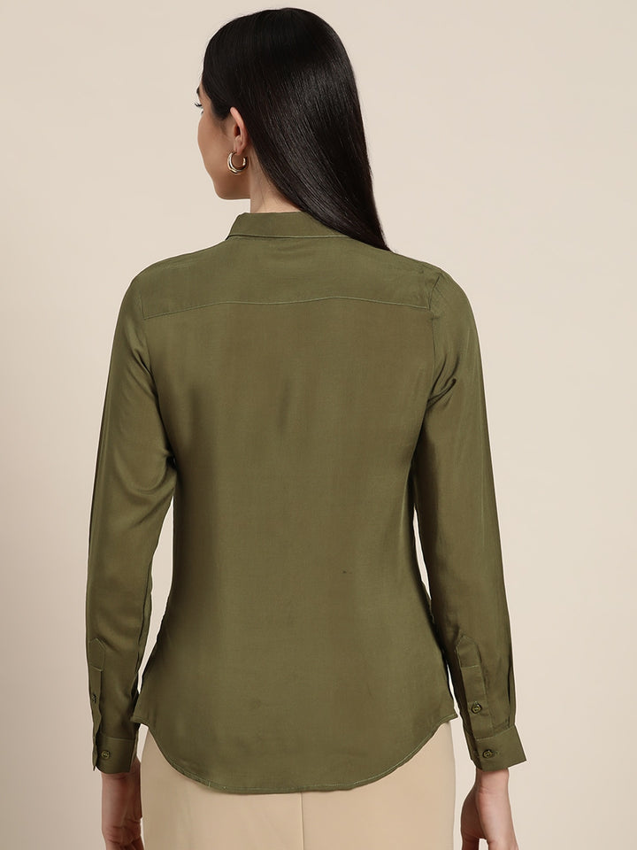 Women Olive Solids Viscose Rayon Slim Fit Formal Shirt