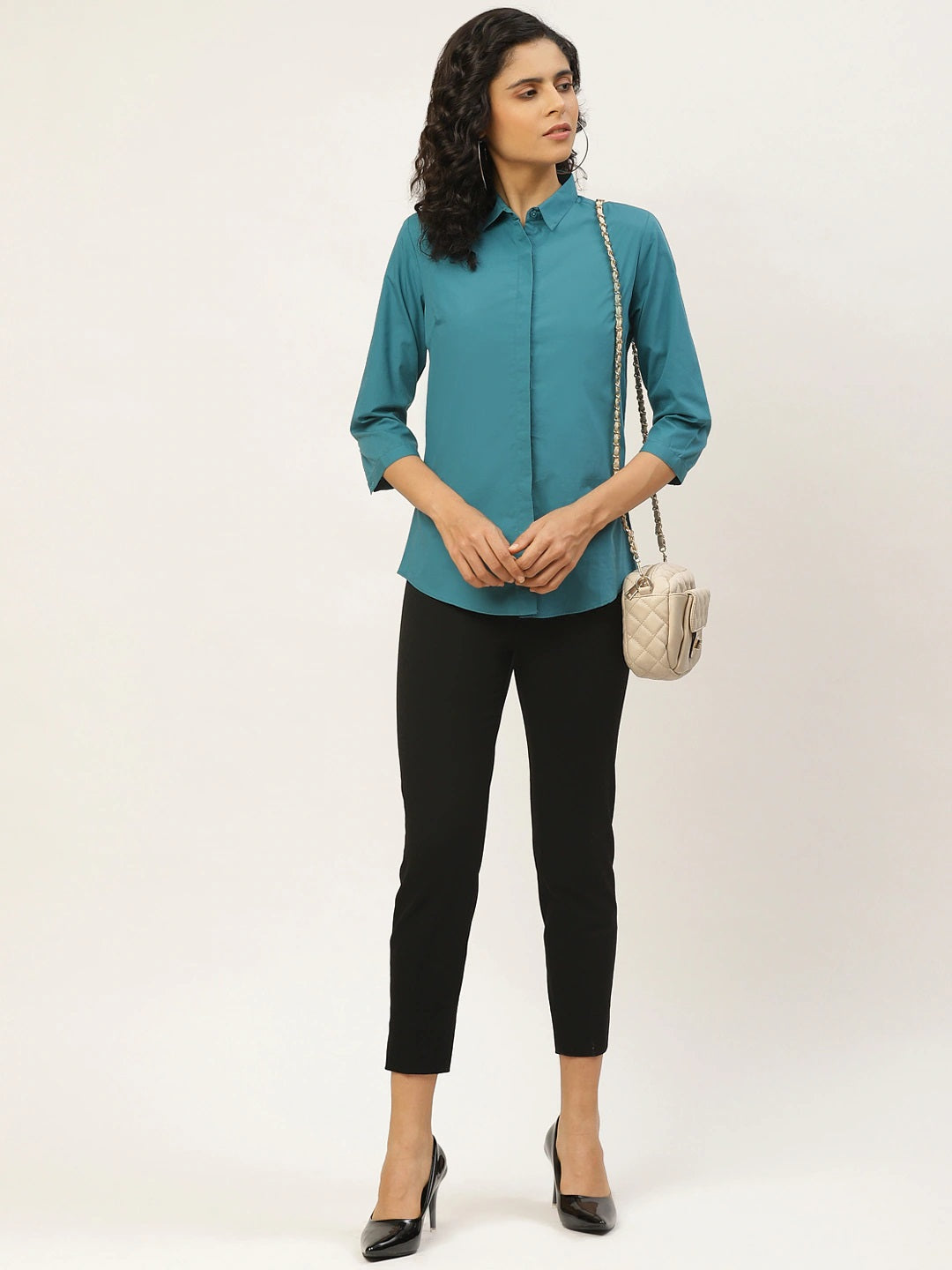 Women Turquoise Blue Solids Pure Cotton Slim Fit Formal Shirt