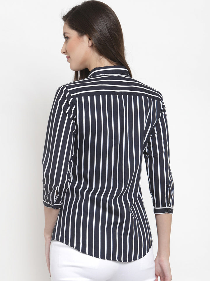 Women Navy Pure Cotton Striped Slim Fit Formal Shirt
