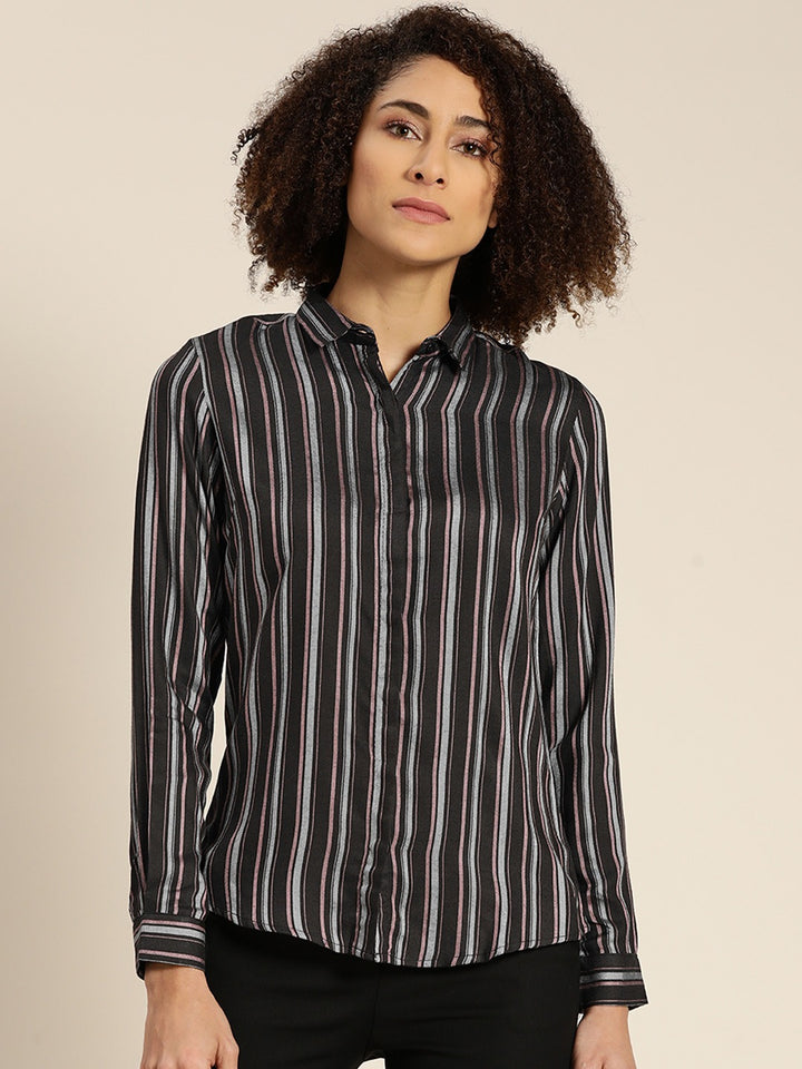 Women Black Stripes Viscose Rayon Slim Fit Formal Shirt