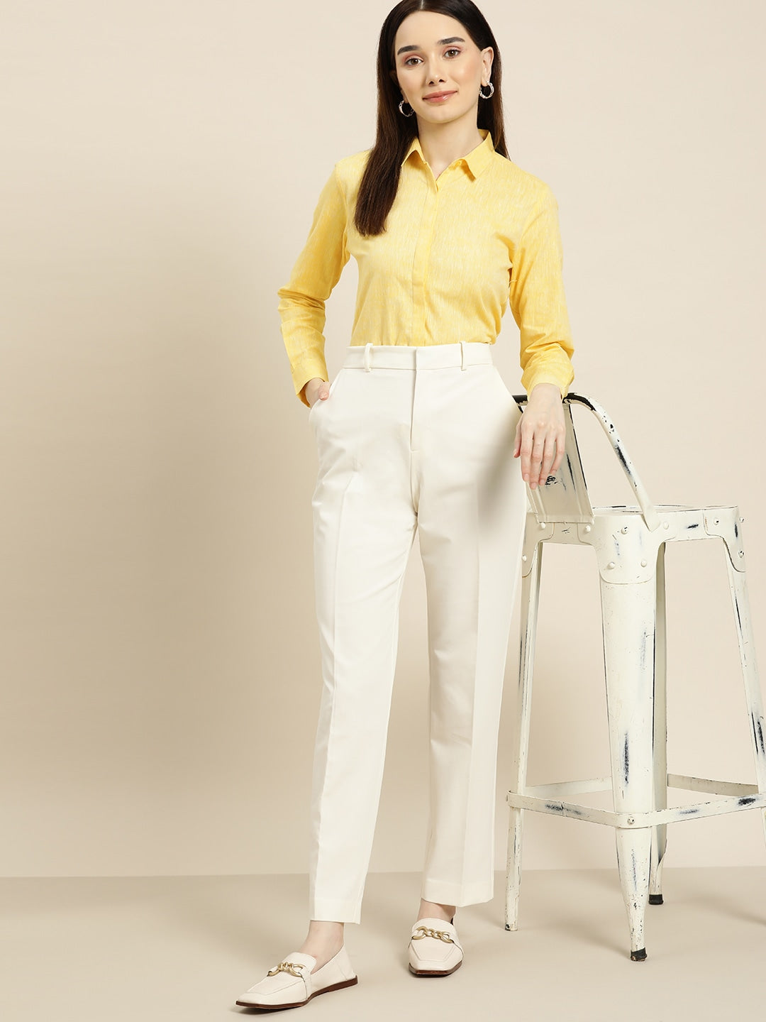 Women Lemon Solids Linen Cotton Slim Fit Formal Shirt