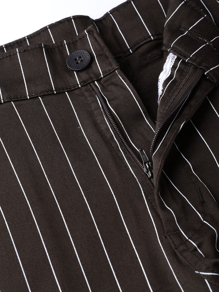 Men Brown Striped Cotton Stretch Slim Fit Formal Trouser