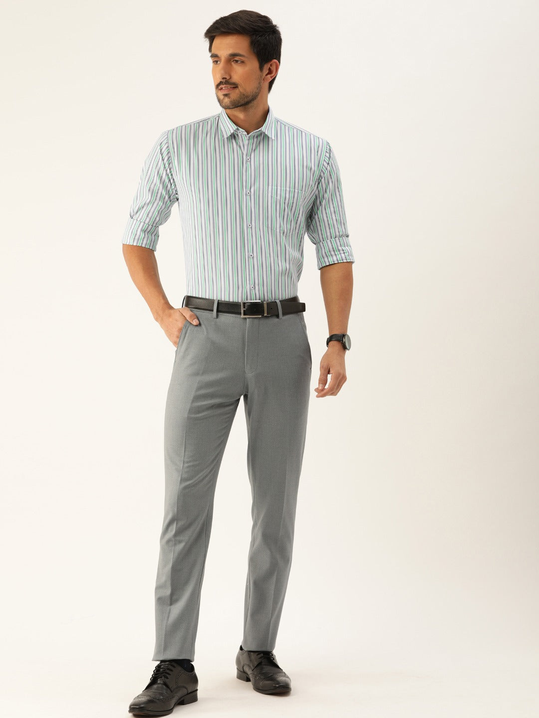 Men White & Blue Stripes Pure Cotton Slim Fit Formal Shirt