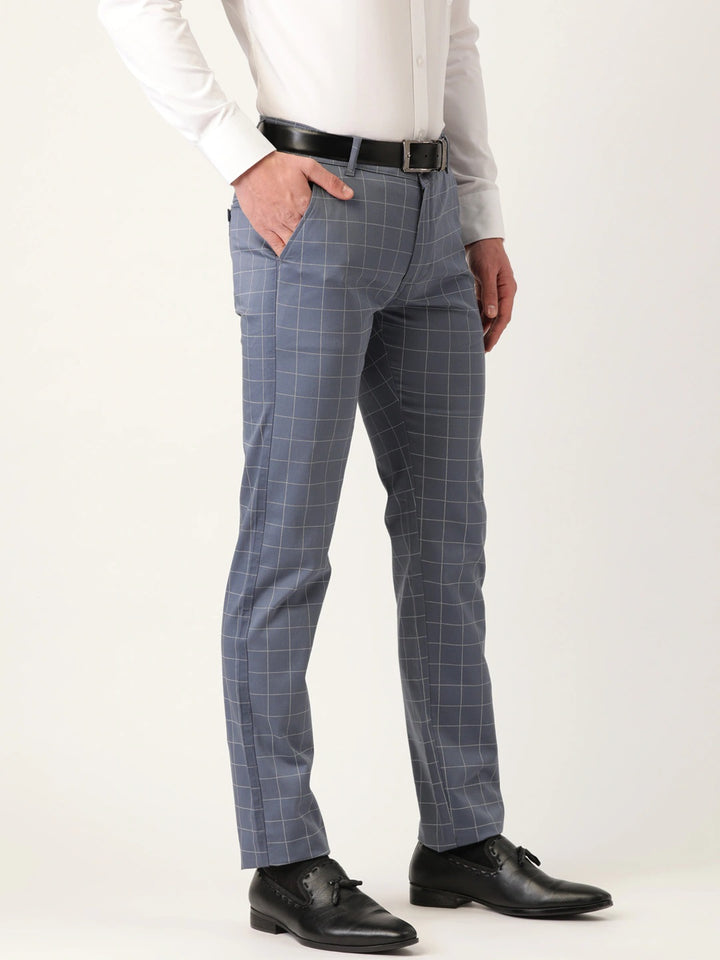 Men New Blue Checks Cotton Elastene Slim Fit Formal Trouser