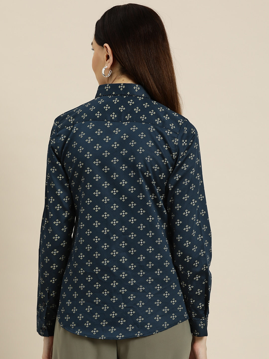 Women Navy Prints Pure Cotton Slim Fit Formal Shirt