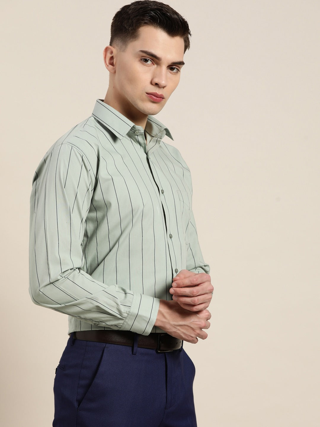 Men Green Stripes Pure Cotton Slim Fit Formal Shirt