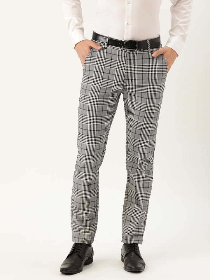 Men Grey Checks Cotton Elastene Slim Fit Formal Trouser