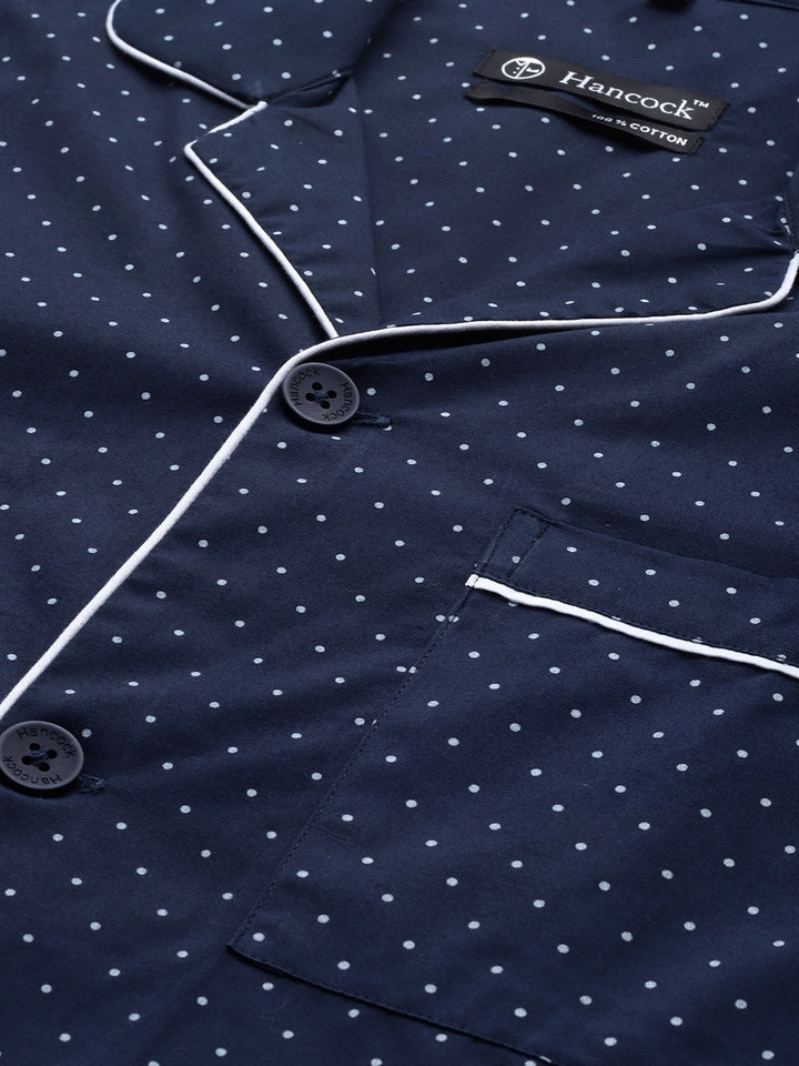 Men Navy Polka Dot Printed Pure Cotton Regular Fit Night Wear Night Suit