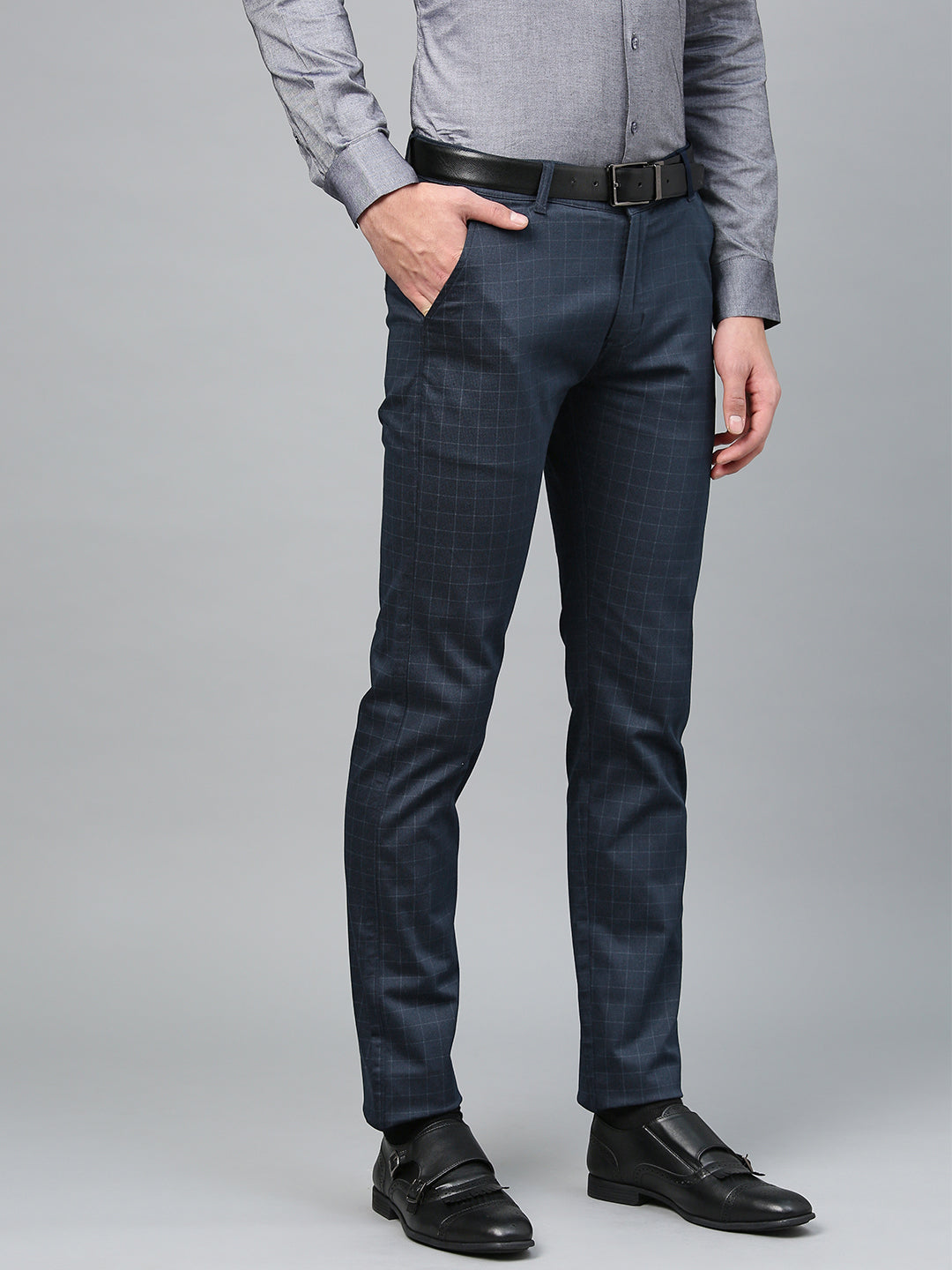Men Navy Cotton Checked Slim Fit Casual Trouser