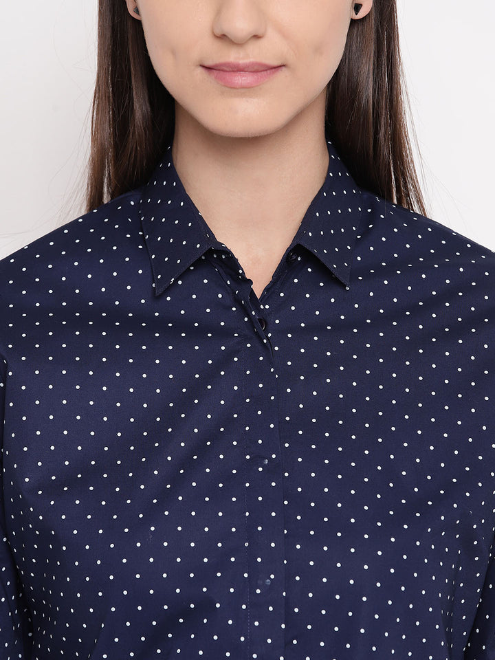 Women Navy Pure Cotton Polka Dot Printed Slim Fit Formal Shirt
