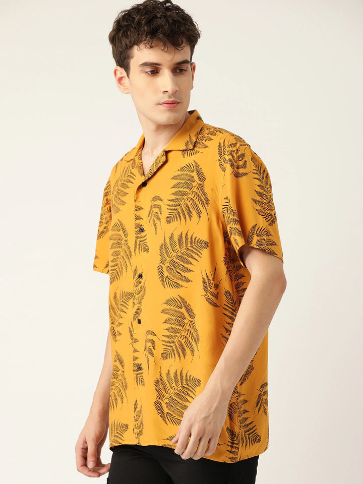 Men Mustard Printed Pure Cotton Relaxed Fit Casual Resort Shirt