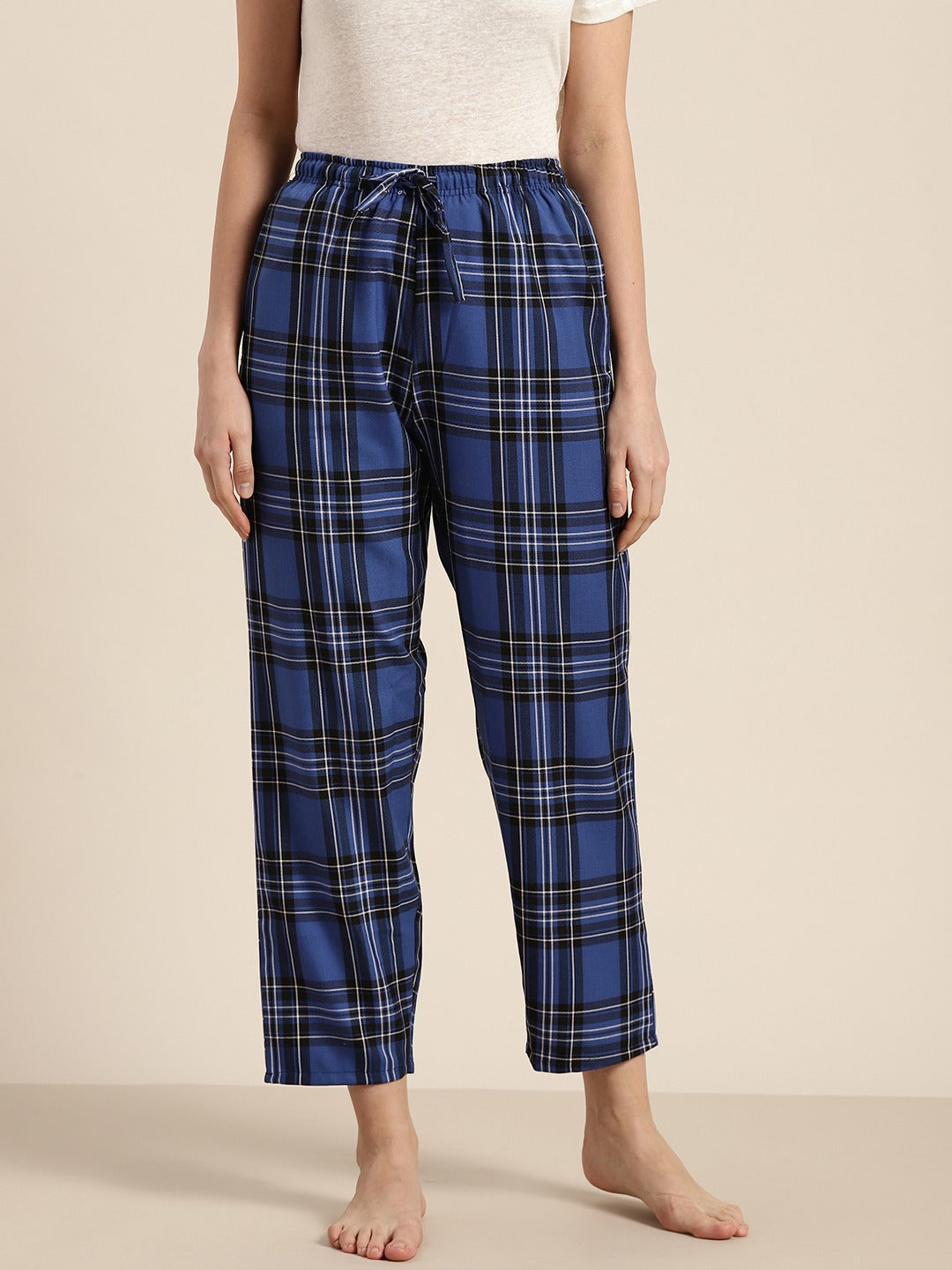 Women Blue Checks Pure Cotton Relaxed Fit Casual Lounge Pant