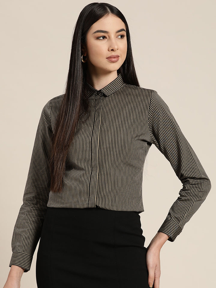 Women Black & Brown Striped Pure Cotton Slim Fit Formal Shirt