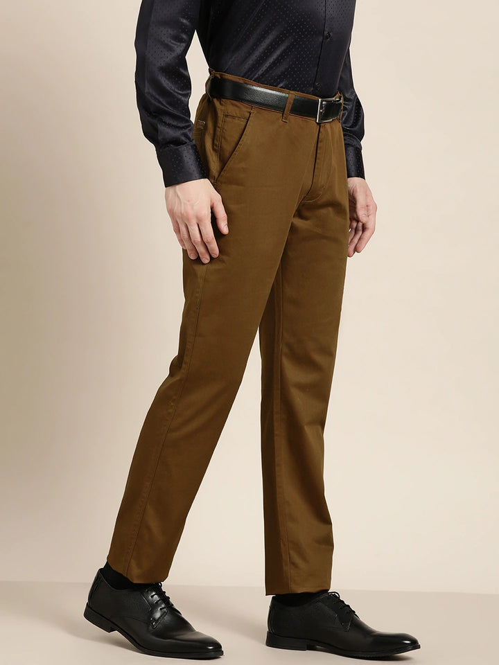 Men Brown Solids Pure Cotton Slim Fit Formal Trouser