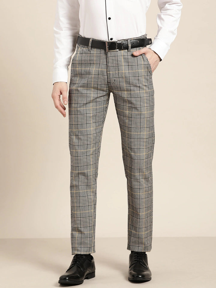 Men Grey Checks Cotton Elastene Slim Fit Formal Trouser