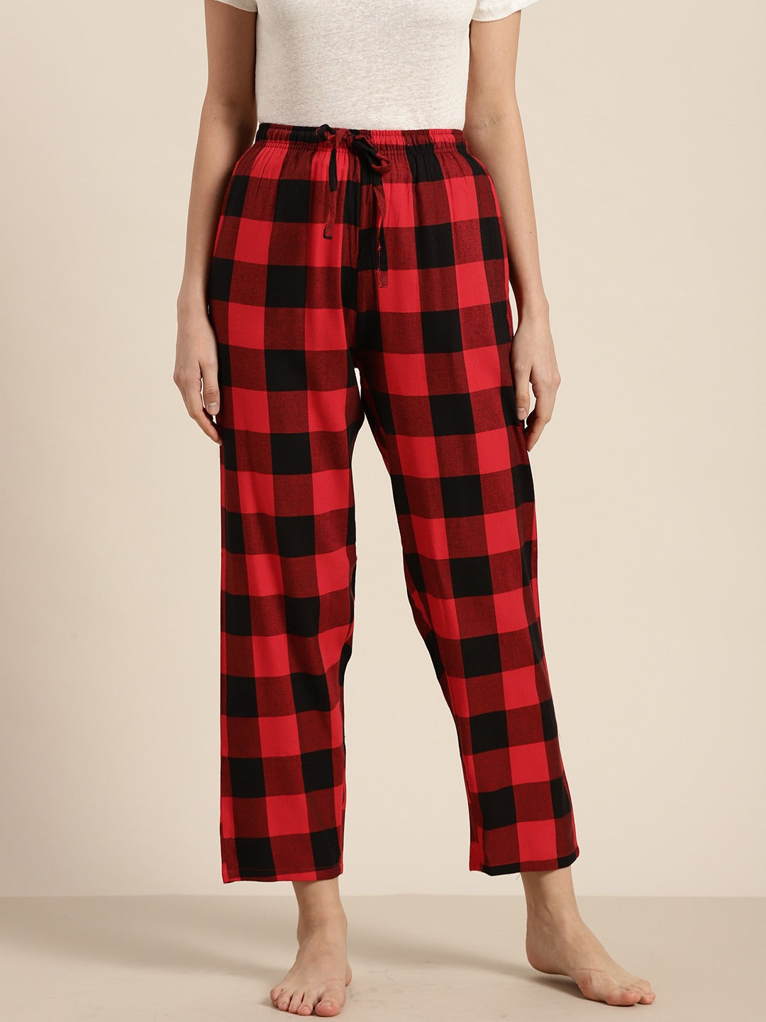 Women Red-Black Checks Pure Cotton Relaxed Fit Casual Lounge Pant